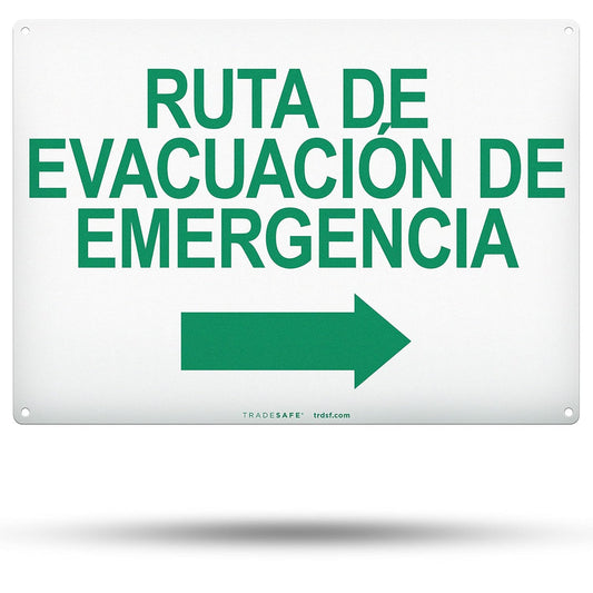 TRADESAFE Emergency Evacuation Route Arrow Right Sign – Ruta De Evacuación De Emergencia Spanish Sign, Quick Install, Light Reflective, UV-Resistant, Waterproof, 14” X 10” Aluminum Safety Signs