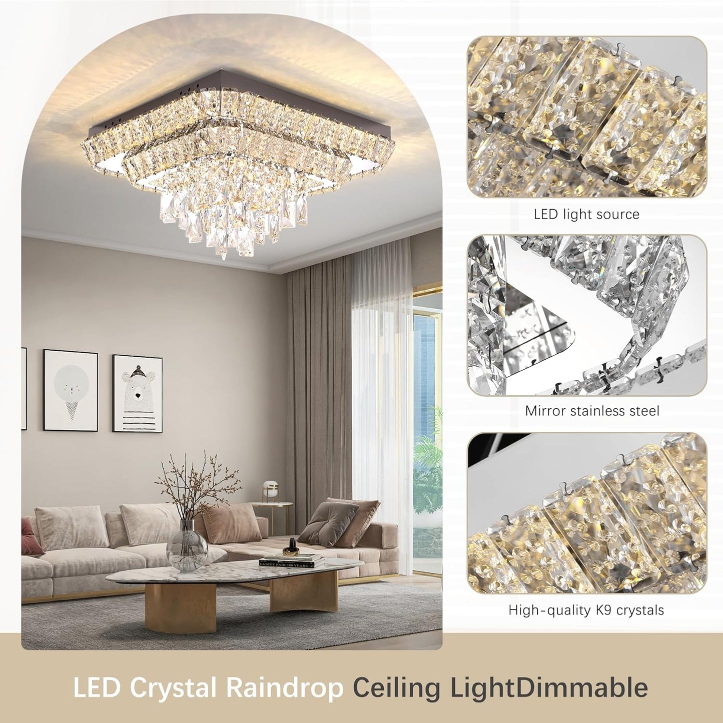 Elegant LED Crystal Raindrop Ceiling Light,18in Square Flush Mount Chandelier with Remote for Living Room Kitchen Island Bedroom Hallway Entryway Foyer (Dimmable)