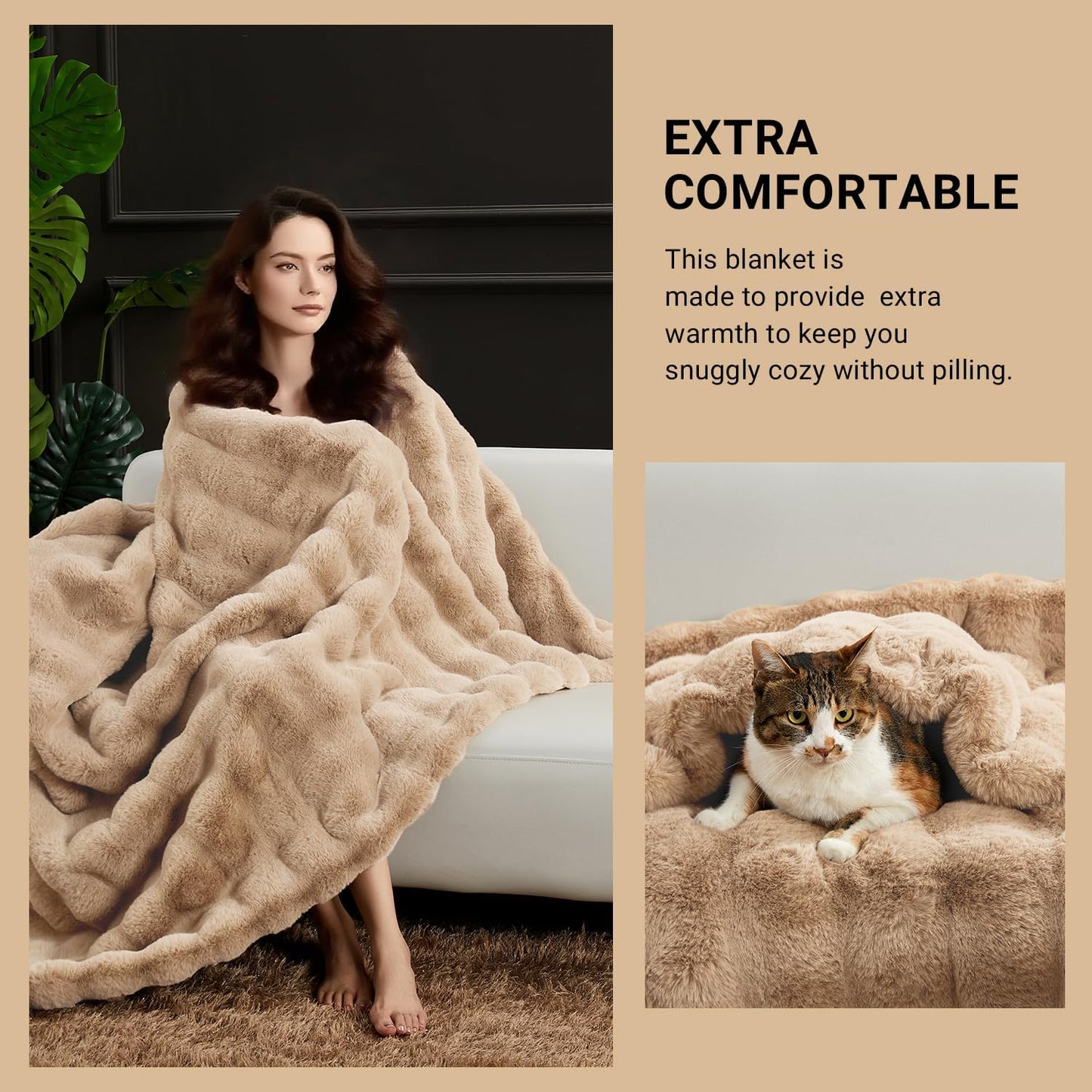 SAPHREAS Faux Fur Throw Blanket for Couch, Fluffy Fuzzy Bubble Blanket for Sofa Bed Living Room, Decor Soft Cozy Gifts for Women Men, 60x80” Khaki