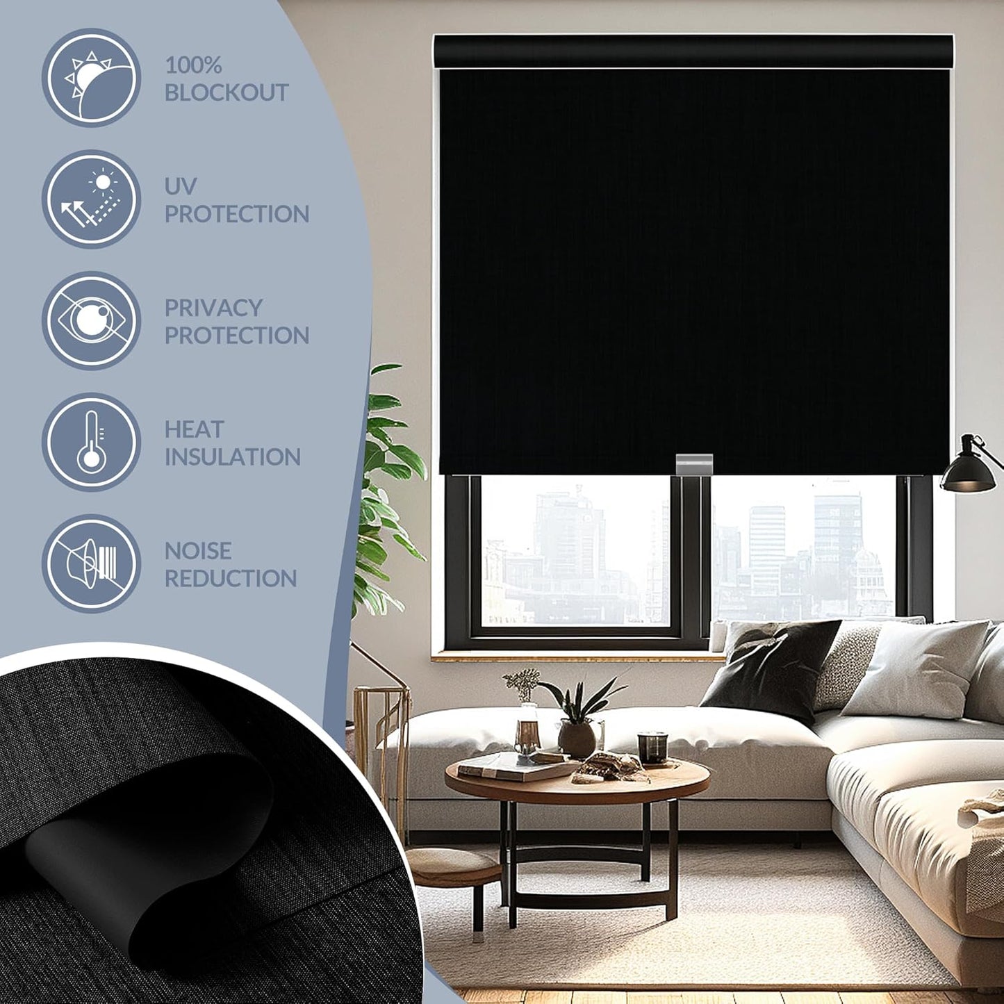 Boolegon Motorized Roller Blinds - 100% Blackout Smart Electric Shades with Remote, Compatible with Alexa/Google Home/HomeKit via Hub, Easy Install for Home Office, Black, Custom Size.