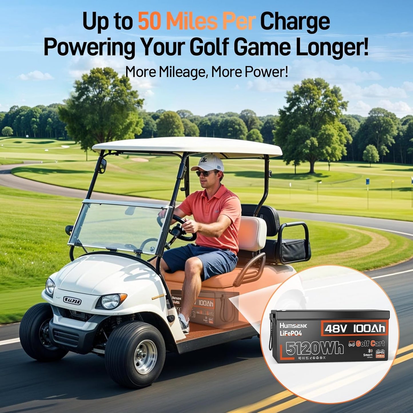 HumsiENK 48V 100Ah Golf Cart LiFePO4 Lithium Battery with Bluetooth Group 8D, 15000+ Deep Cycle Battery, Built-in 200A BMS with Low-Temp Protection Golf Cart Accessories