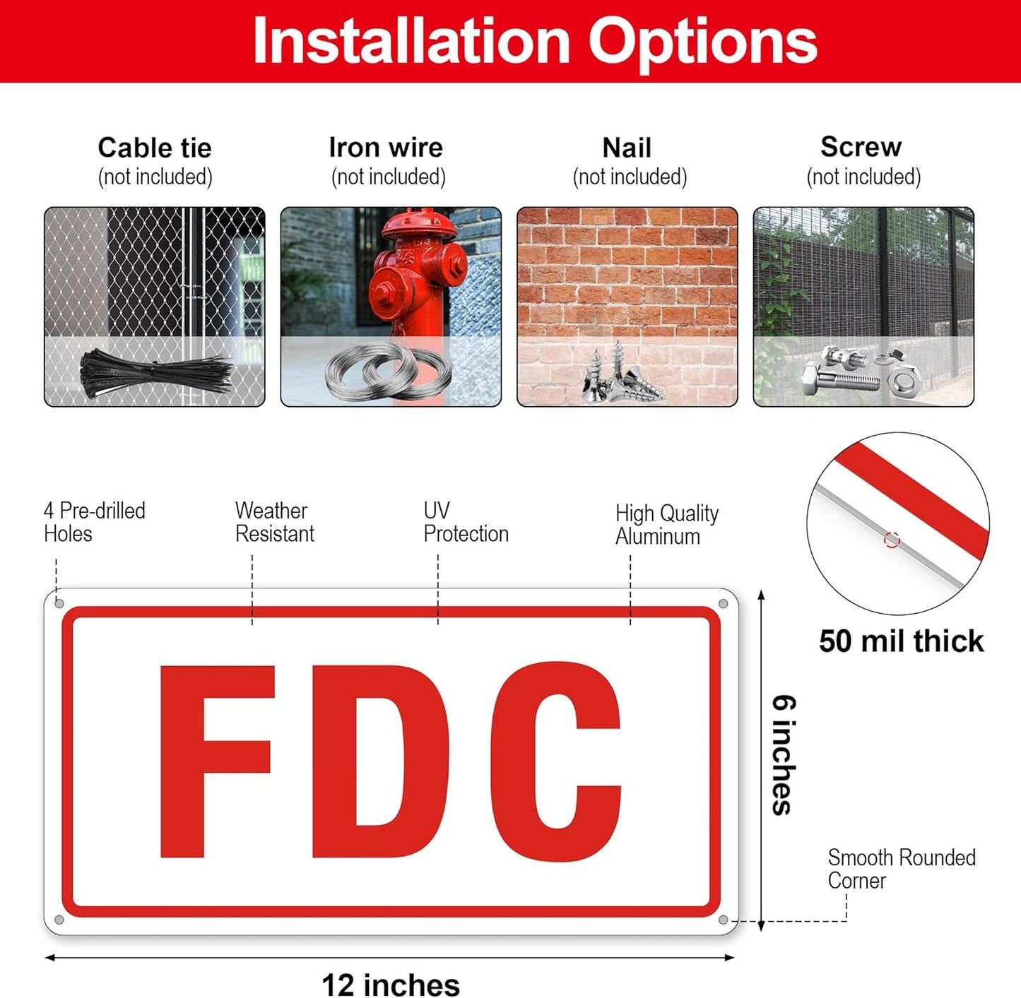 FDC Sign, 2 Pack Outdoor Aluminum Metal Sign, FDC Signs for Fire Department Connection, UV Protected Weather Resistant and Easy to Install (White Color, 12 x 6 inches)
