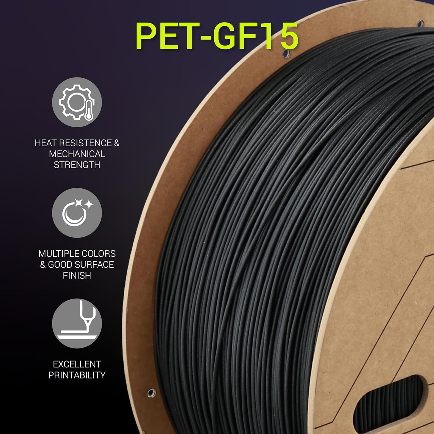 Polymaker Fiberon Black PET-GF15 3D Printer Filament 1.75mm 3KG, 15% Glass Fiber Reinforced, High Strength & Heat Resistance, Ideal for Automotive, Industrial & Functional Parts, AMS Compatible