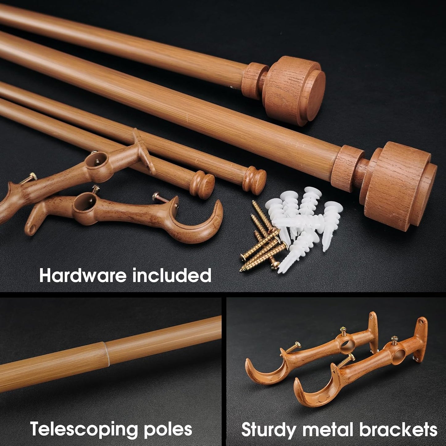 1-1/8 Inch Diameter Faux Wood Curtain Rod with Wood Grain Finials, 36-72 inch Telescoping Double Curtain Rods for window width 24-68 inch, 1 pack