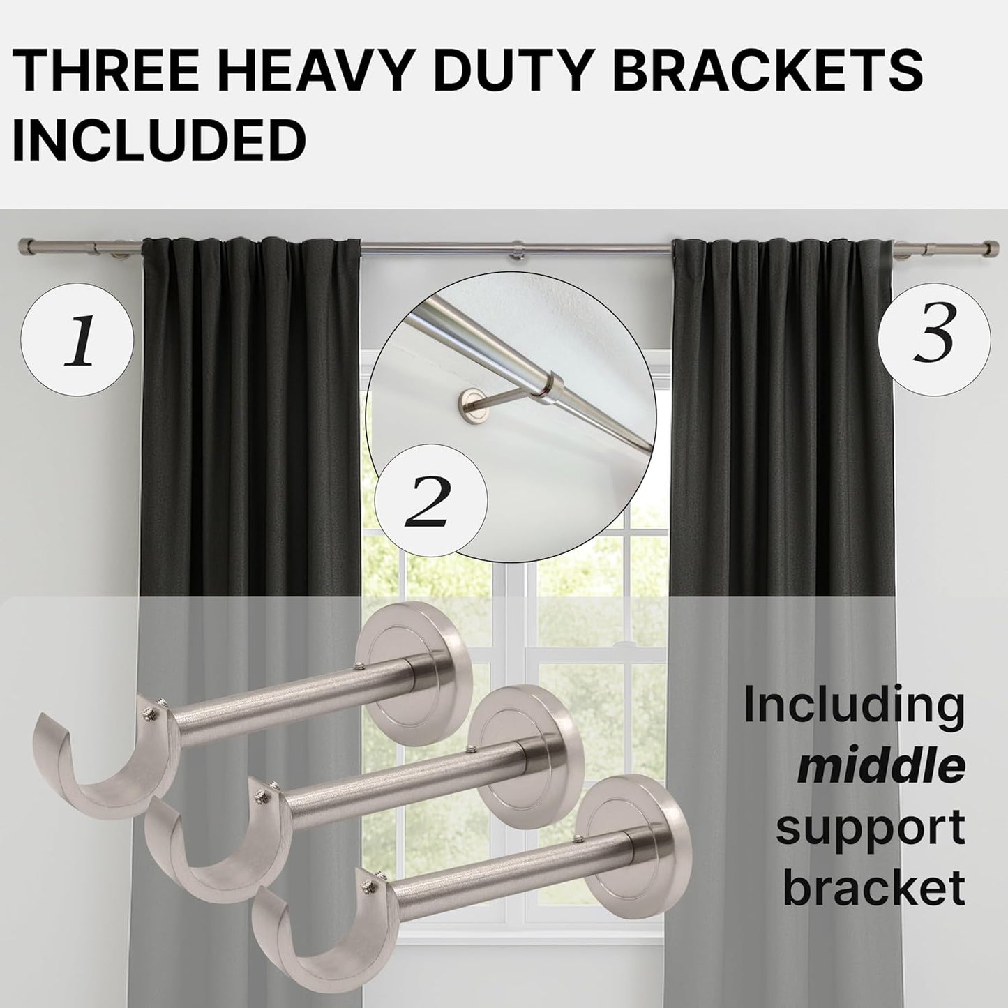 Brushed Nickel Curtain Rod, Adjustable 48 to 84 Inch with Three Heavy Duty Aluminum Alloy Brackets, Brushed Nickel Finish