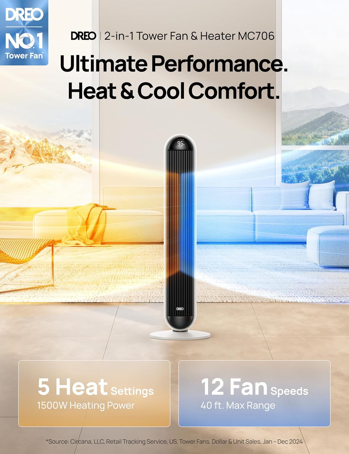Dreo Tower Fan and Heater Combo, 29.2ft/s Standing Fans for Bedroom, 17 Levels, 6 Modes, 120° Oscillation, 42 Inch, 12H Timer, 25dB Quiet, with Remote, for Office, Large Room, White
