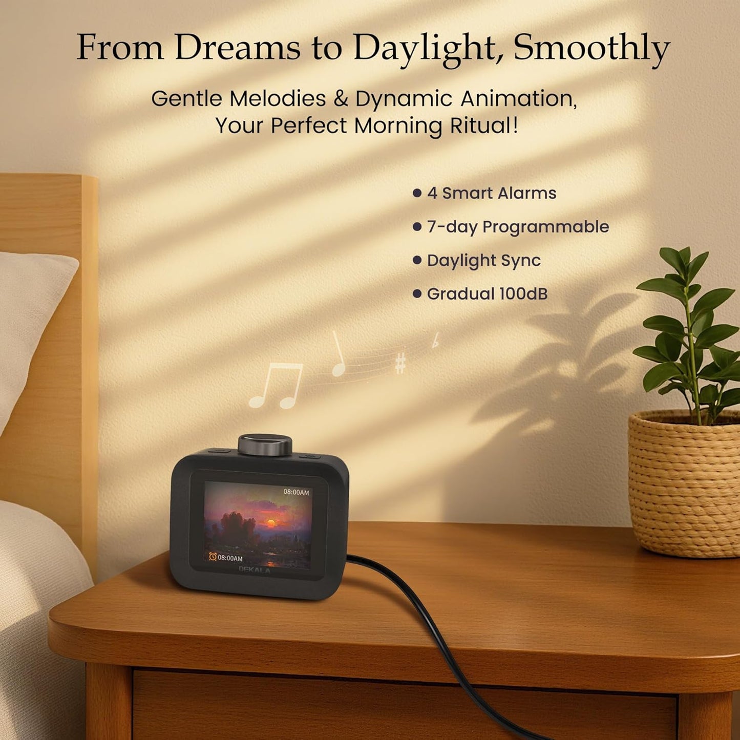 Dekala AuraDot White Noise Sound Machine for Sleep Temperature Humidity Monitor, 30 Non-Loop Soothing Sounds, Timer/Play All Night, Animationed Sleep Screen, 7-Day Programmable 4 Alarm Clock Black