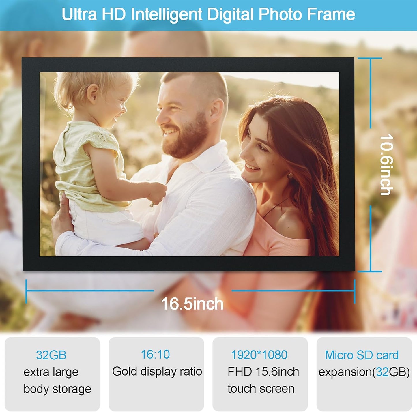 15.6'' Extra Large Digital Picture Frame WiFi Smart Digital Photo Frame 1920 * 1080 FHD Touchscreen 32GB Storage Space,Digital Using App Remotely Send Photos and Videos