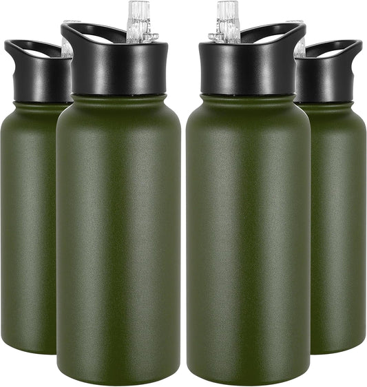 VEGOND 32 oz Insulated Water Bottle Bulk Stainless Steel Metal Water Bottles with Leak Proof Straw Lid & Spout Lid, Wide Mouth Double Walled Vacuum Travel Sports Bottle, 4 Pack