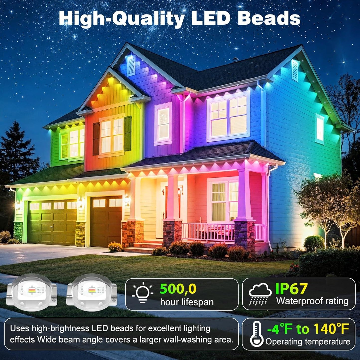 LITSOUL 300FT Permanent Outdoor Lights for House Waterproof, Smart RGB Eave LED Lighting with 16 Million Colors, IP67 Outdoor Strip Lights for Christmas Halloween Holiday Daily Decorations (300FT)