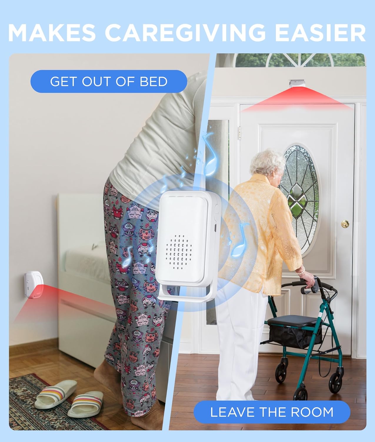 Newly Upgraded 2025 Bed Alarm for Elderly Dementia Patients - Wireless Bed Alarm & Caregiver Pager with Fall Detection (1 Sensor + 1 Receiver + 1 Pager)