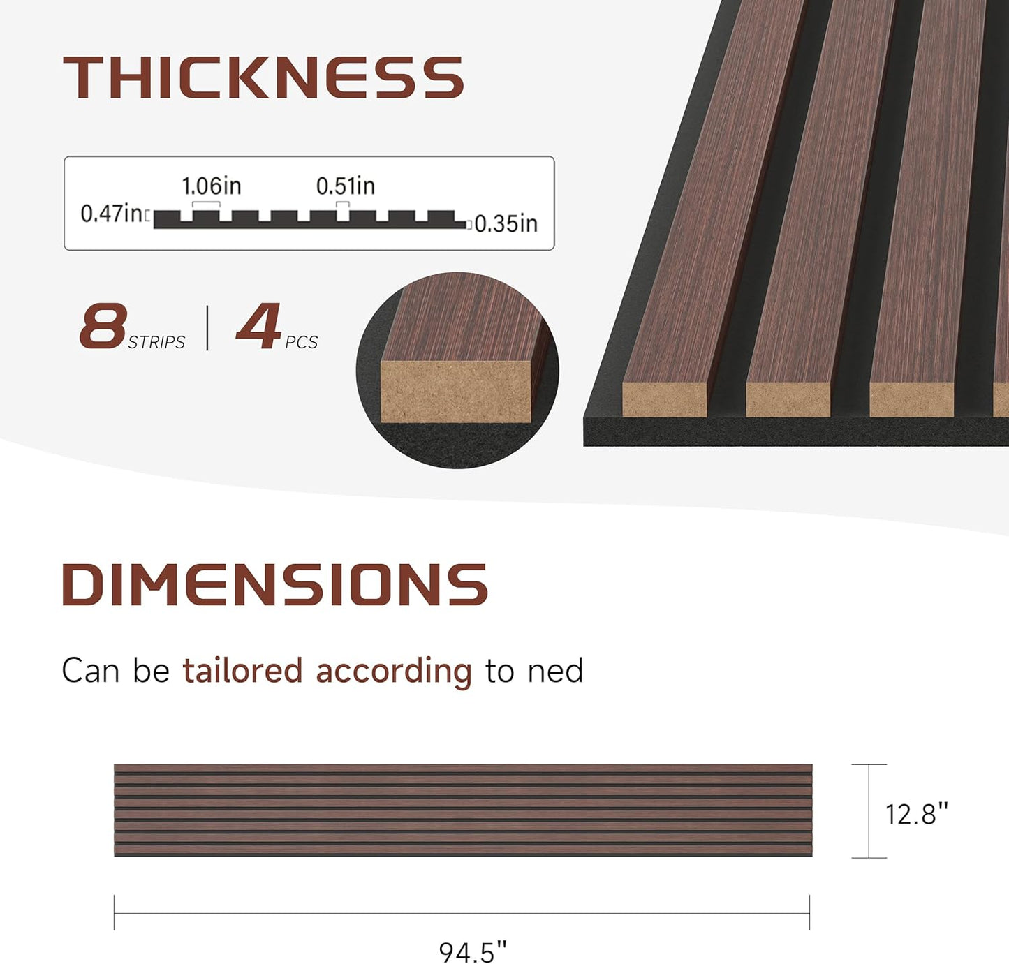 Decorative Slat Wall Panels, 4 Pack, 8 x 1 ft, Modern Acoustic Wood Panels with Felt Backing, Walnut