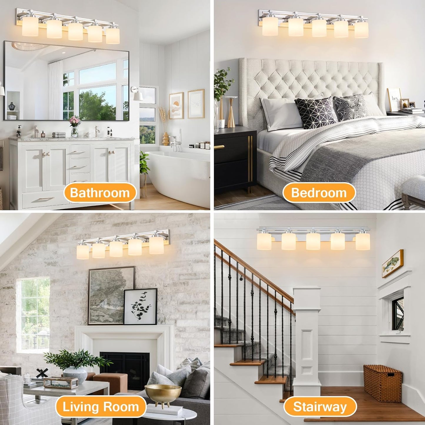 5 Light Modern Bathroom Light Fixtures Over Mirror, Chrome Vanity Lights for Bathroom Wall Sconces with Milky White Glass Shades, E26 Socket (Bulbs Not Included)