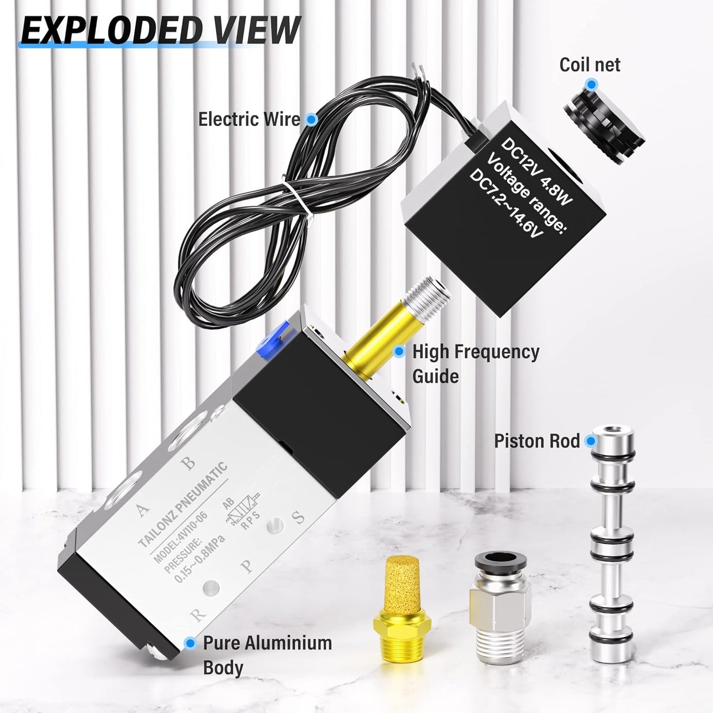 TAILONZ PNEUMATIC 1/8"NPT Solenoid Valve 4V110-06 DC12V Single Coil Pilot-Operated Electric 2 Position 5 Way Connection Type Outlet wire