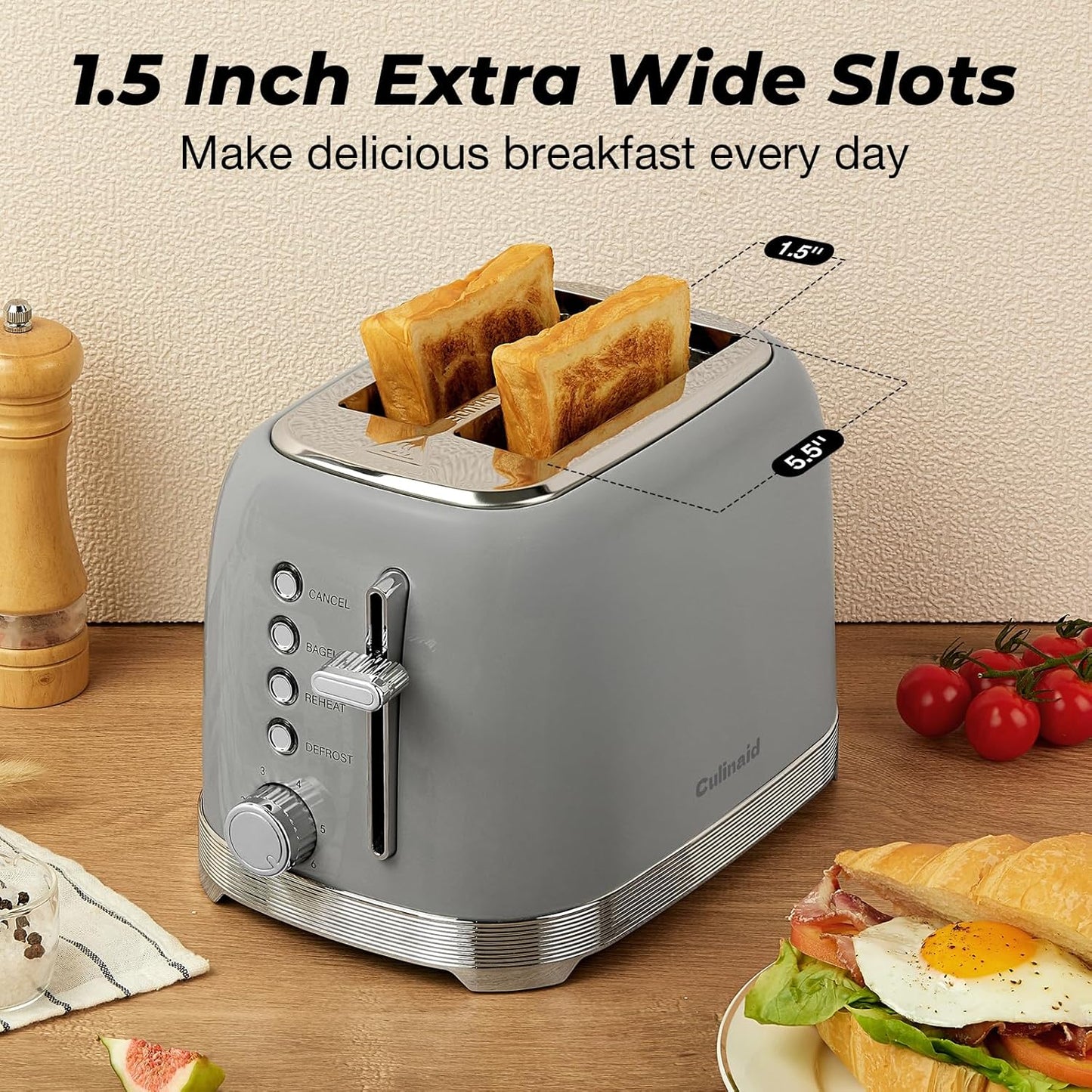 Toaster 2 Slice Retro Stainless Steel with 1.5” Extra Wide Slots Bagel, Defrost, Reheat, Cancel Functions, 6 Bread Shade Settings, Removable Crumb Tray, Gray