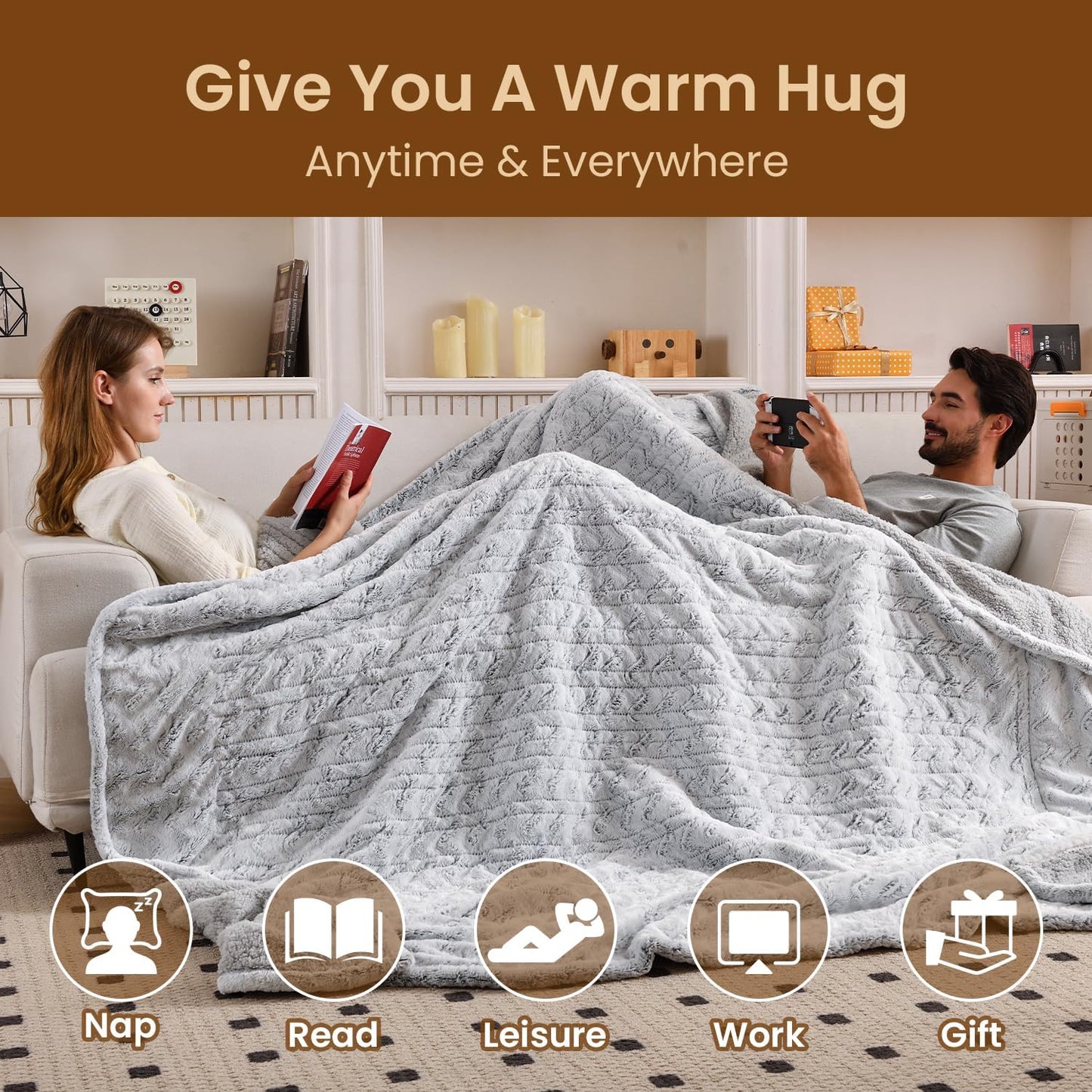 Bearhug Electric Blanket Full Size 77" x 84", 10 Heat Settings Heated Blanket, 1-12 Hour Auto Shut-Off, Faux Fur & Sherpa Dual-Sided Heating Blanket, Machine Washable, Gift-Ready Elegant Packaging