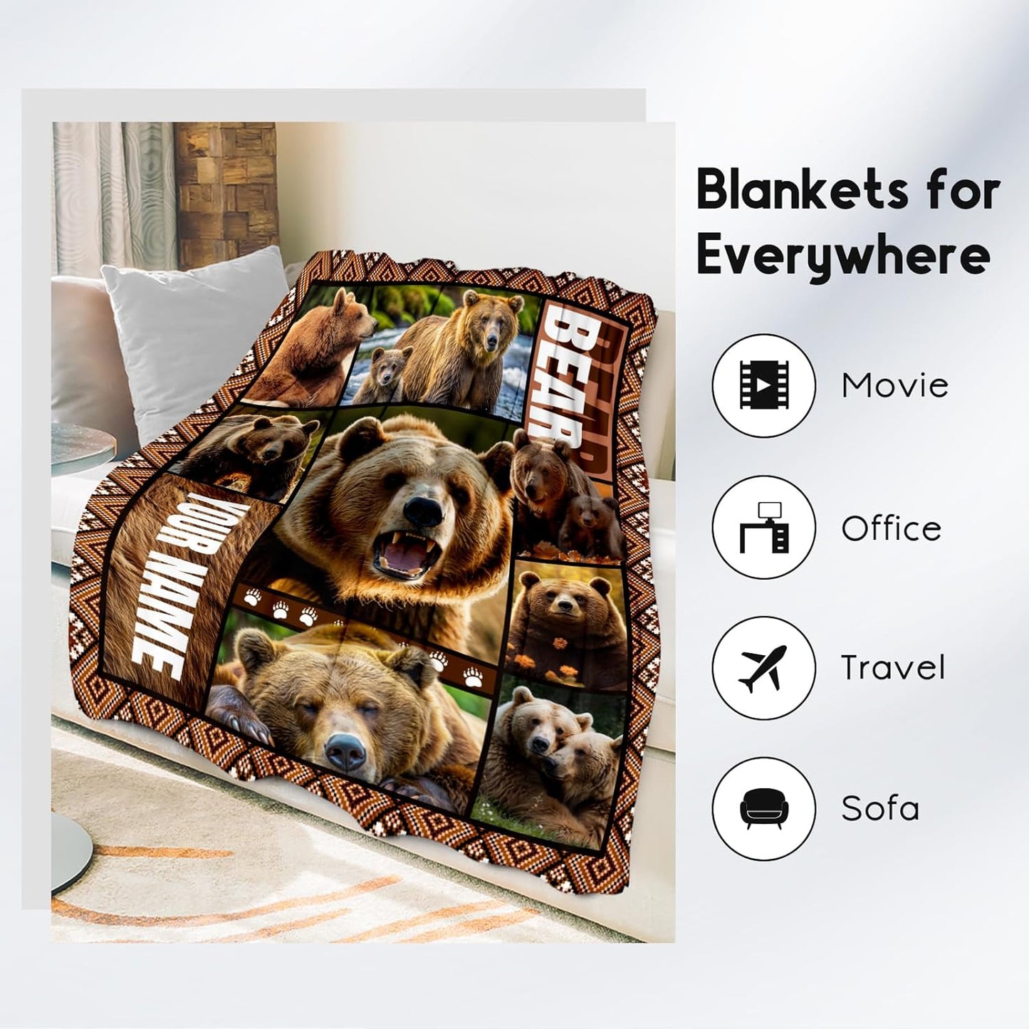 Personalized Blankets for Dad, Custom Bear Blanket Gifts for Men Boys Adults, 40"x50" Forest Animal Throw Gift for Hunters - Soft, Fuzzy & Cozy Flannel Throws Wildlife Country Decor