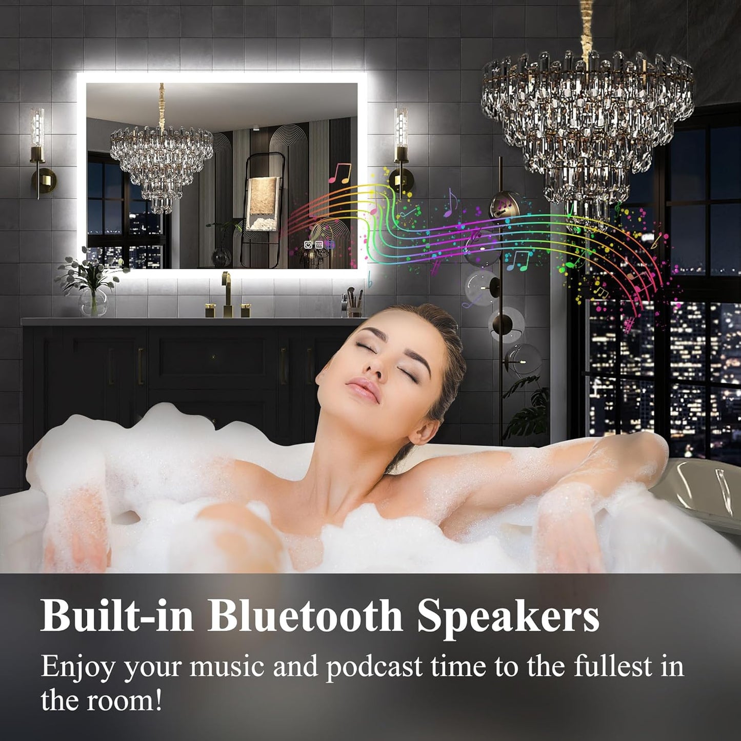 SBAGNO LED Bathroom Mirror with Lights, 40''x28'' 3D Border Bathroom Vanity Wall Mirror with Bluetooth, Anti-Fog, Stepless Dimming, 3 Colors, Tempered Glass Lighted Vanity Mirror for Bathroom