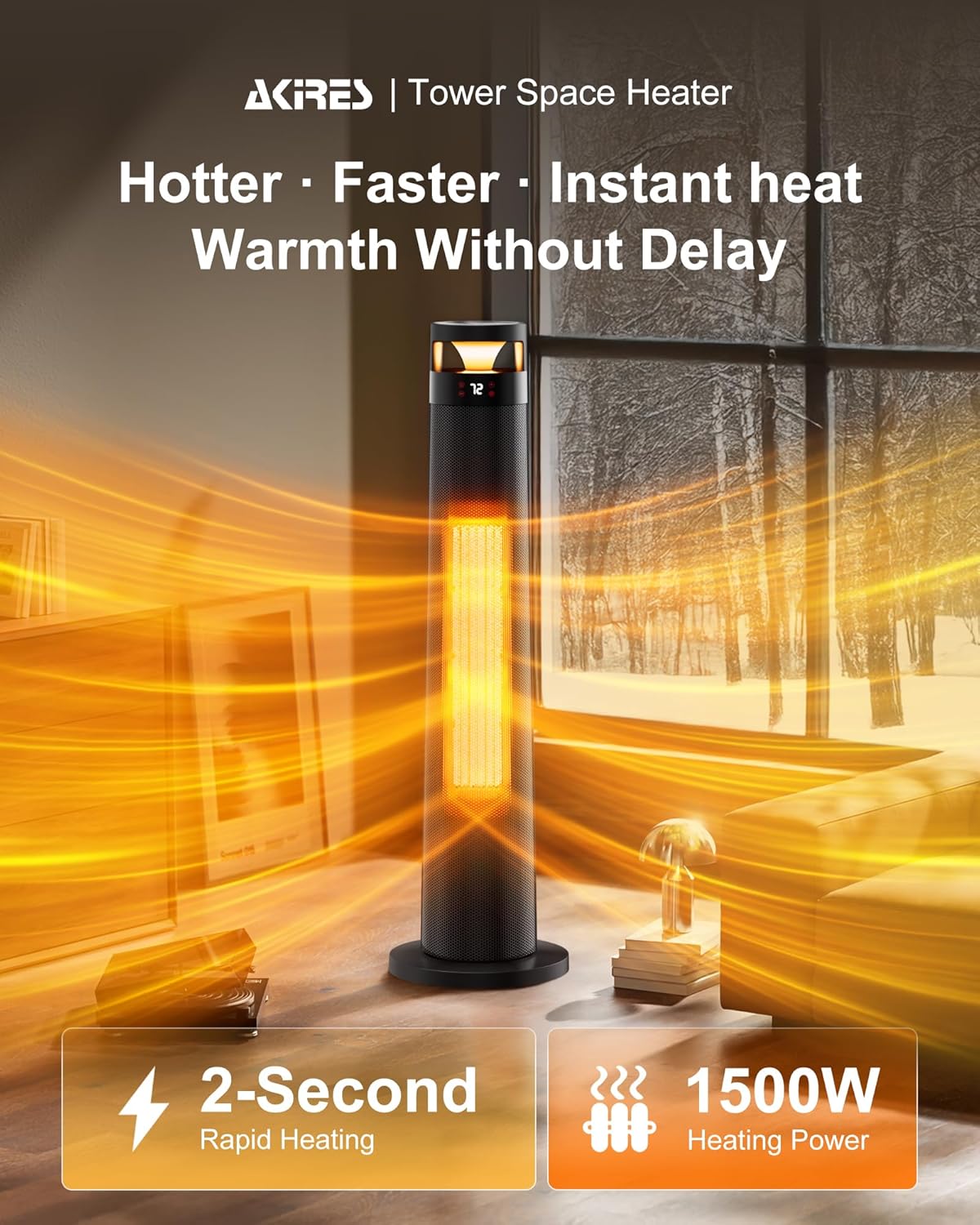 AKIRES 34IN Space Heater Large Room,1500w Space Heater For Indoor Use,120°Oscillating Tower Heater With Thermostat,Remote Control,Overheat & Tip-Over Protection,24H Timer For Large Rooms Black