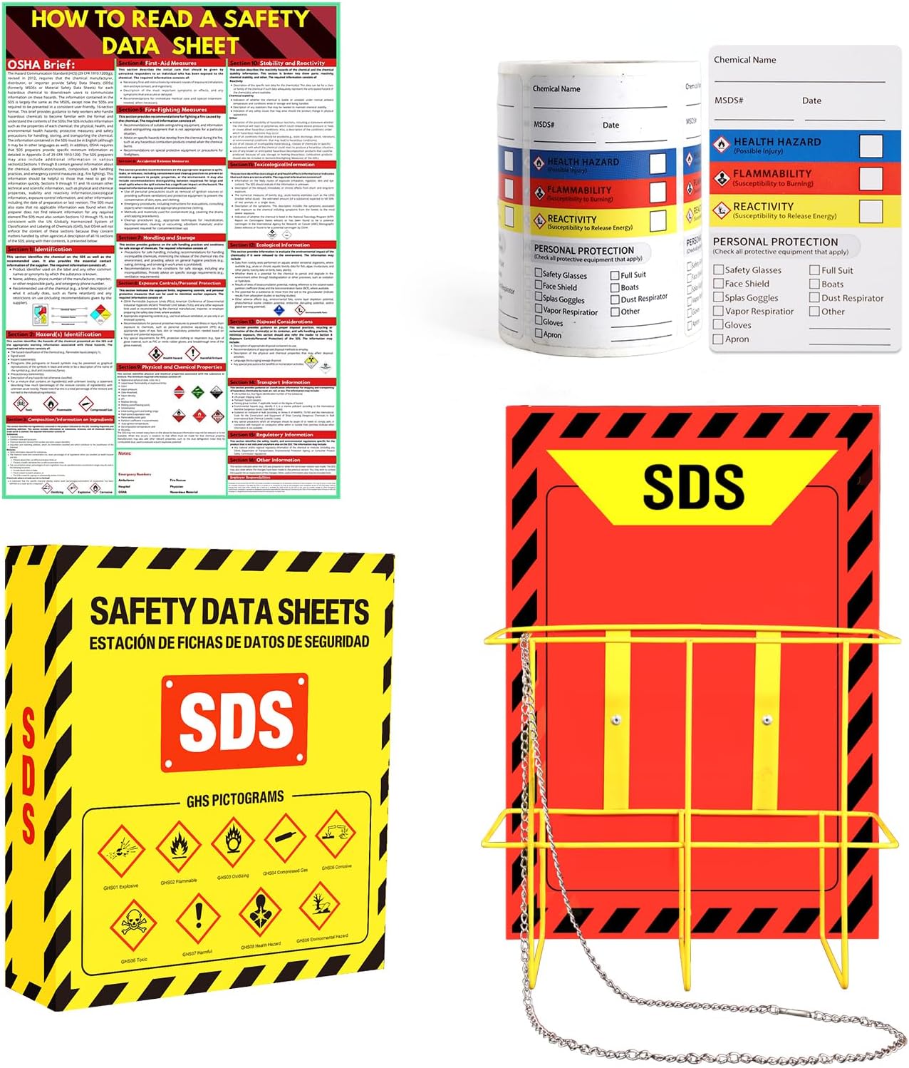 MSDS SDS Binder and Wall Station,Yellow Heavy Duty 3 Inch Material Safety Data Sheet 3 Ring Binder with SDS Wire Rack and Display Sign,Chain,Mounting Hardware,Safety Posters and MSDS Labels