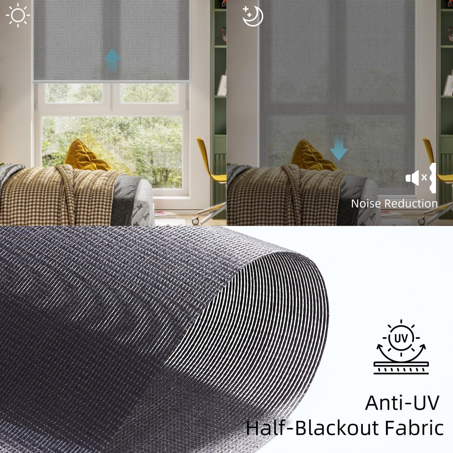 SmartWings Motorized Light Filtering Shades, Work with Homekit, Alexa Google, 50% Blackout PVC Free Smart Blinds for Windows, Cordless Window Shades with Remote, Customized, Charcoal