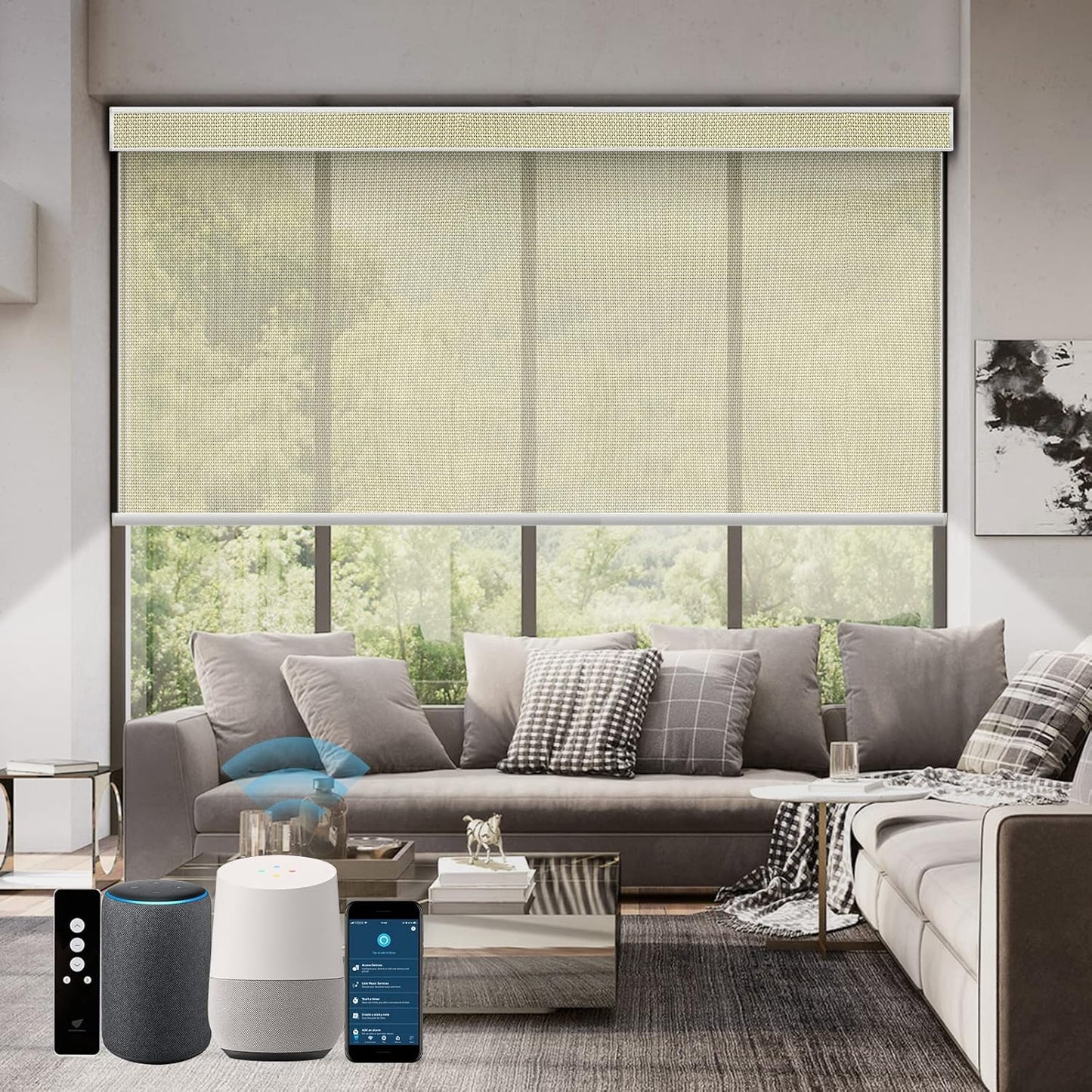 SmartWings Motorized Roller Shades 5% Openness Work with Homekit, Alexa SmartThings Google, Zigbee Motor Smart Blinds for Windows, Cordless Remote Window Shades, Rechargeable, Customized, White Linen