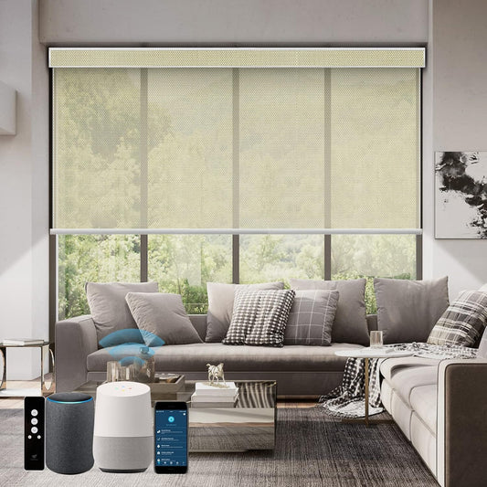 SmartWings Motorized Roller Shades 5% Openness Work with Homekit, Alexa SmartThings Google, Zigbee Motor Smart Blinds for Windows, Cordless Remote Window Shades, Rechargeable, Customized, White Linen