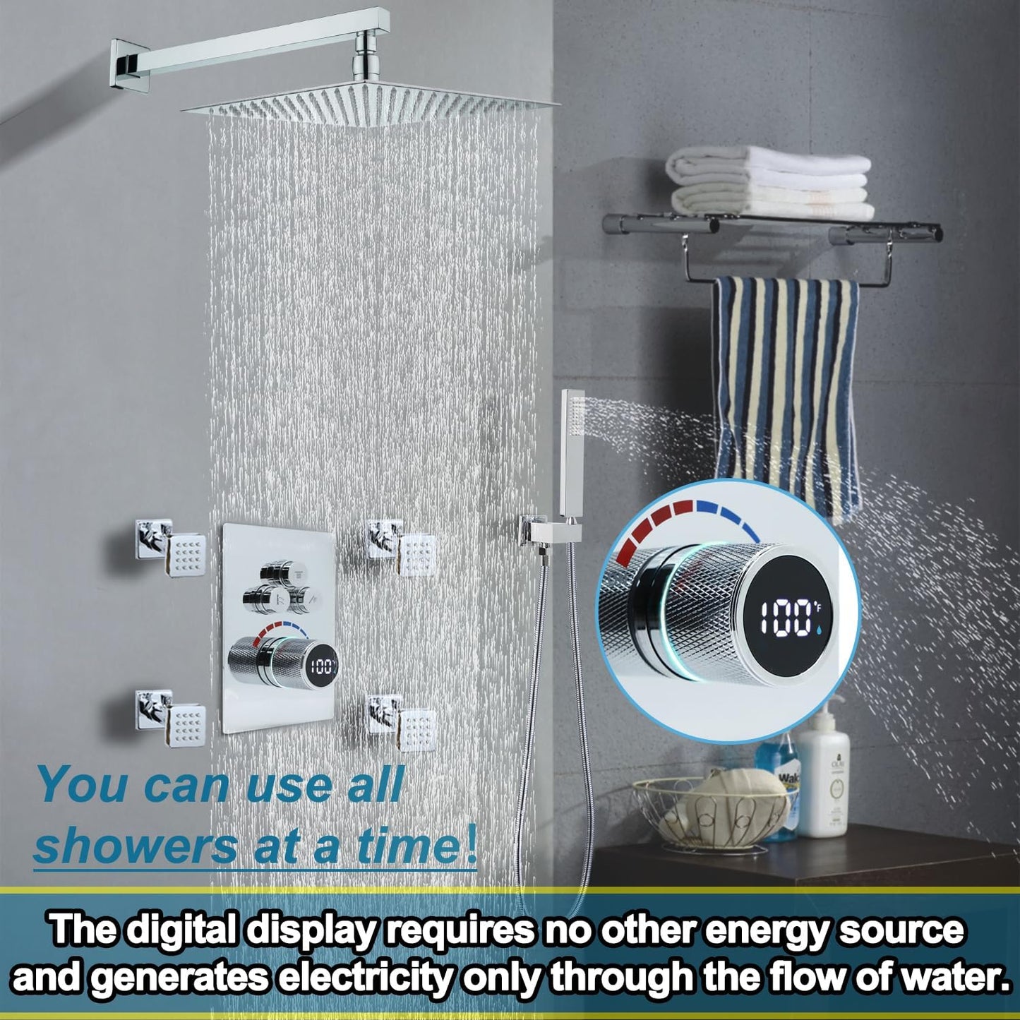 Digital Display Shower Valve Shower Valve 3 Way Shower Diverter Valve Shower Mixing Valve Can Use All the Time Polished Chrome