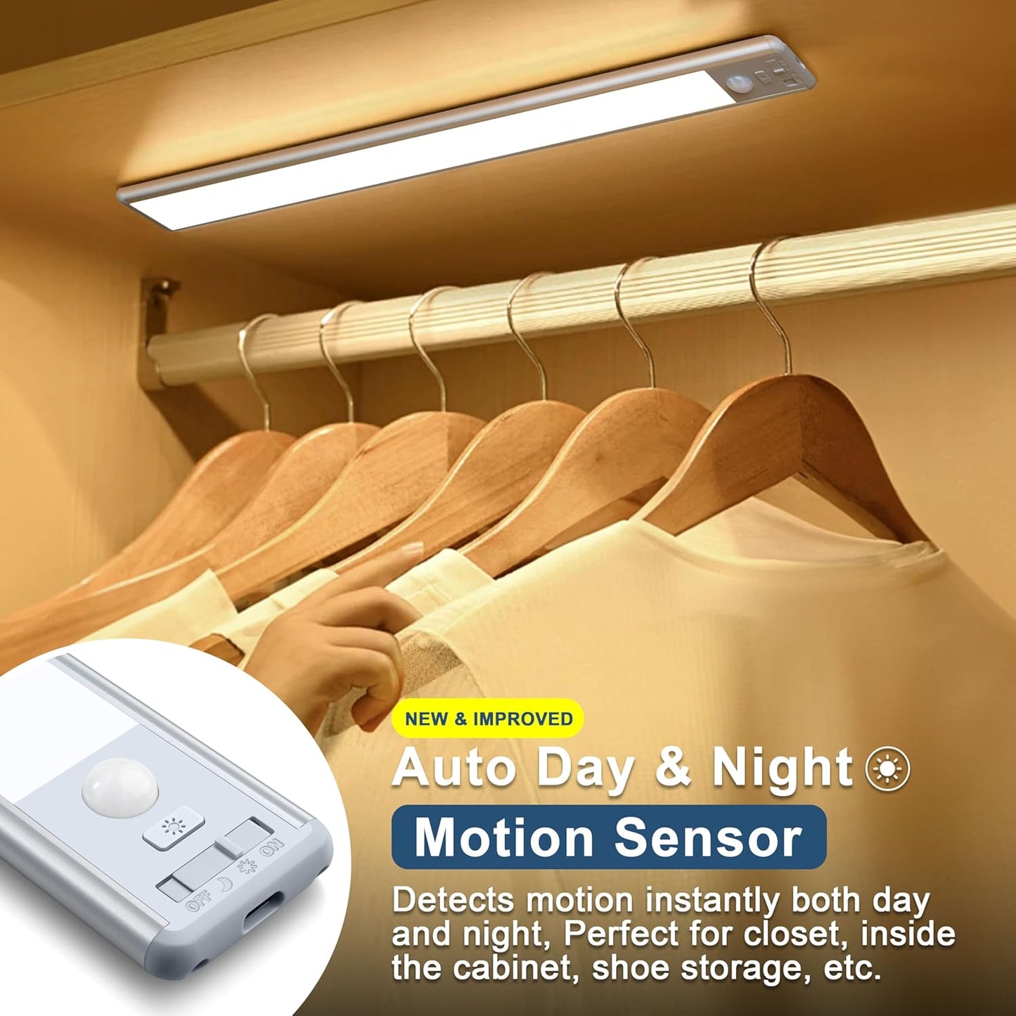 BLS 14.8inch Under Cabinet Lighting, 63 LED Closet Lights, 2500mAh USB C Rechargeable Under Cabinet Lights, Battery Operated Lights, Motion Sensor Light Indoor, Magnetic Night Light for Kitchen 2 Pack