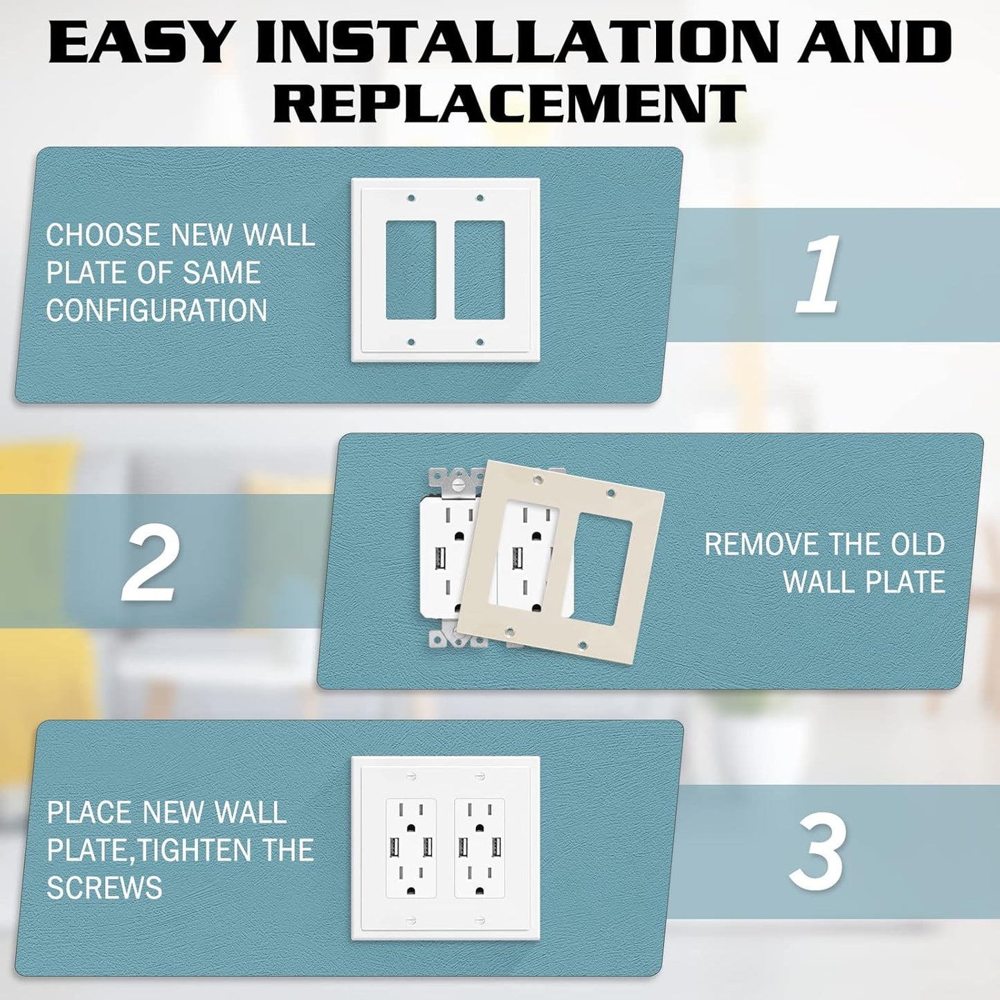 2-Gang Modern Edge Decorative Wall Plate Cover Switch Outlet Double Decorator Electrical Faceplate for Light Switches, Smart Switch, GFCI, Dimmers, Receptacle, USB Outlet (4 Pack, Double Decorator)