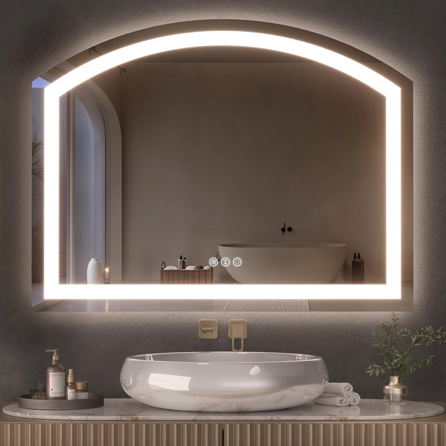 Hasipu 36" x 28" Arch LED Bathroom Mirror, Frontlit Wall-Mounted Vanity Mirror with Lights, Defogging, Smart Touch, Dimmable 3 Color Modes, Safety Shatterproof Glass Coating