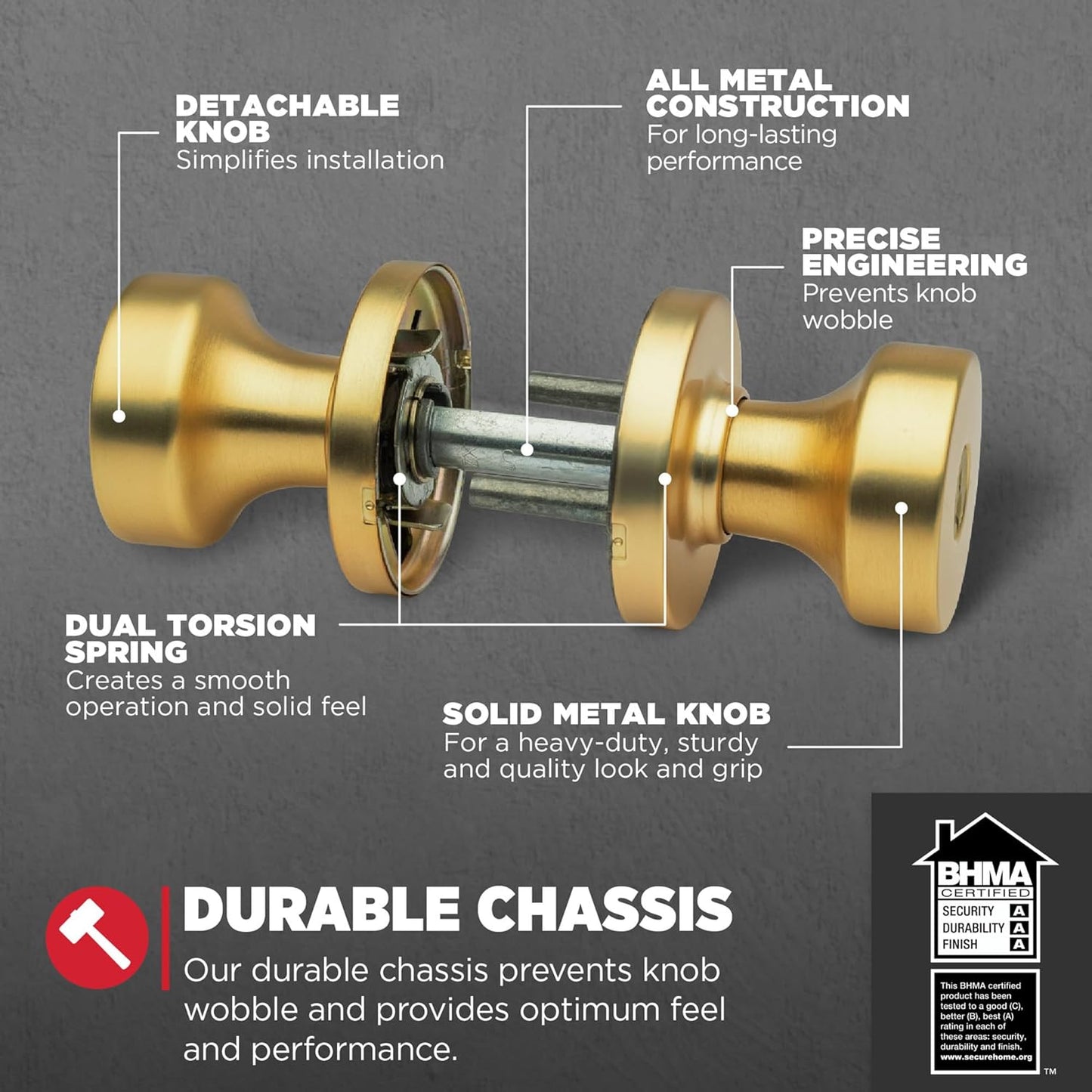 Kwikset Pismo Entry Door Knob with Lock and Key, Secure Keyed Handle Exterior Doorknob, Front Entrance and Bedroom, Satin Brass, Round, Pick Resistant SmartKey Rekey Security, Microban Protection