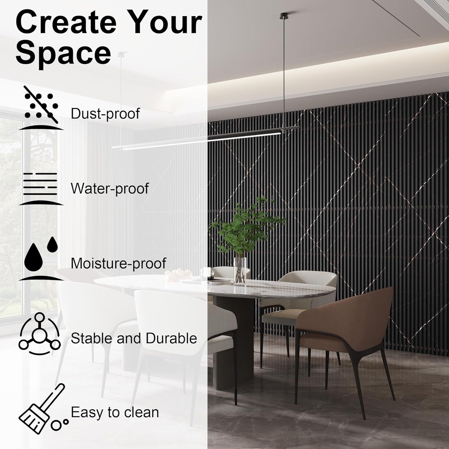 8-Pack WPC Slat Wall Panels - 3D Wall Panels, Water-Proof and Easy Installation, Accent Slat Wall Paneling for Living Room, Office,Granite, 96 x 6.6 Inch