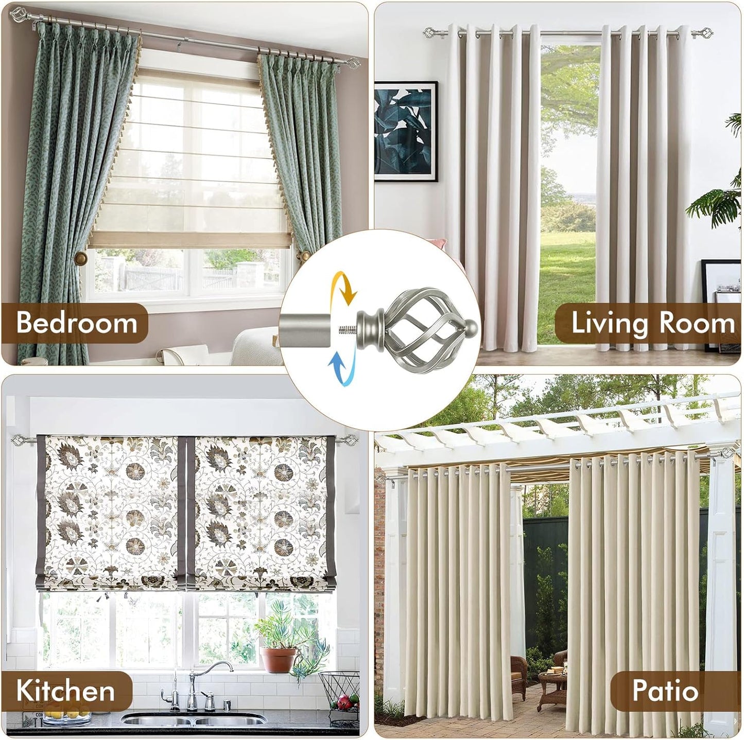 KAMANINA Silver Curtain Rod 32 to 58 Inch(2.6-4.8ft), Adjustable Curtain Rods for Windows 28 to 48 Inch, 3/4 Inch Splicing Drapery Rods with Twisted Cage Finial