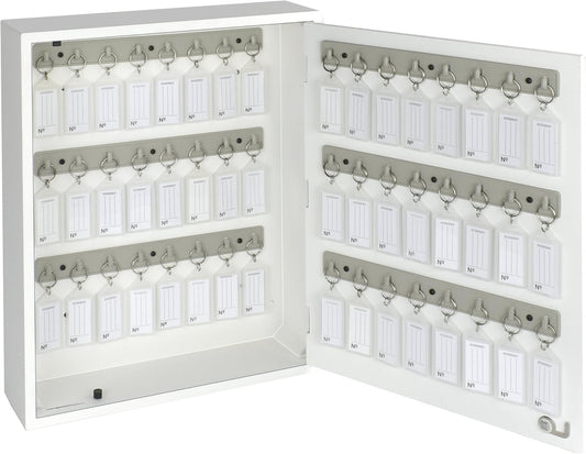 Acrimet 48-Key Cabinet with Lock, Wall Mount Wooden Key Organizer, Security Key Storage Box (48 Positions) with Numbered Hooks & Crystal Key Tags – Commercial & Home Use (White)