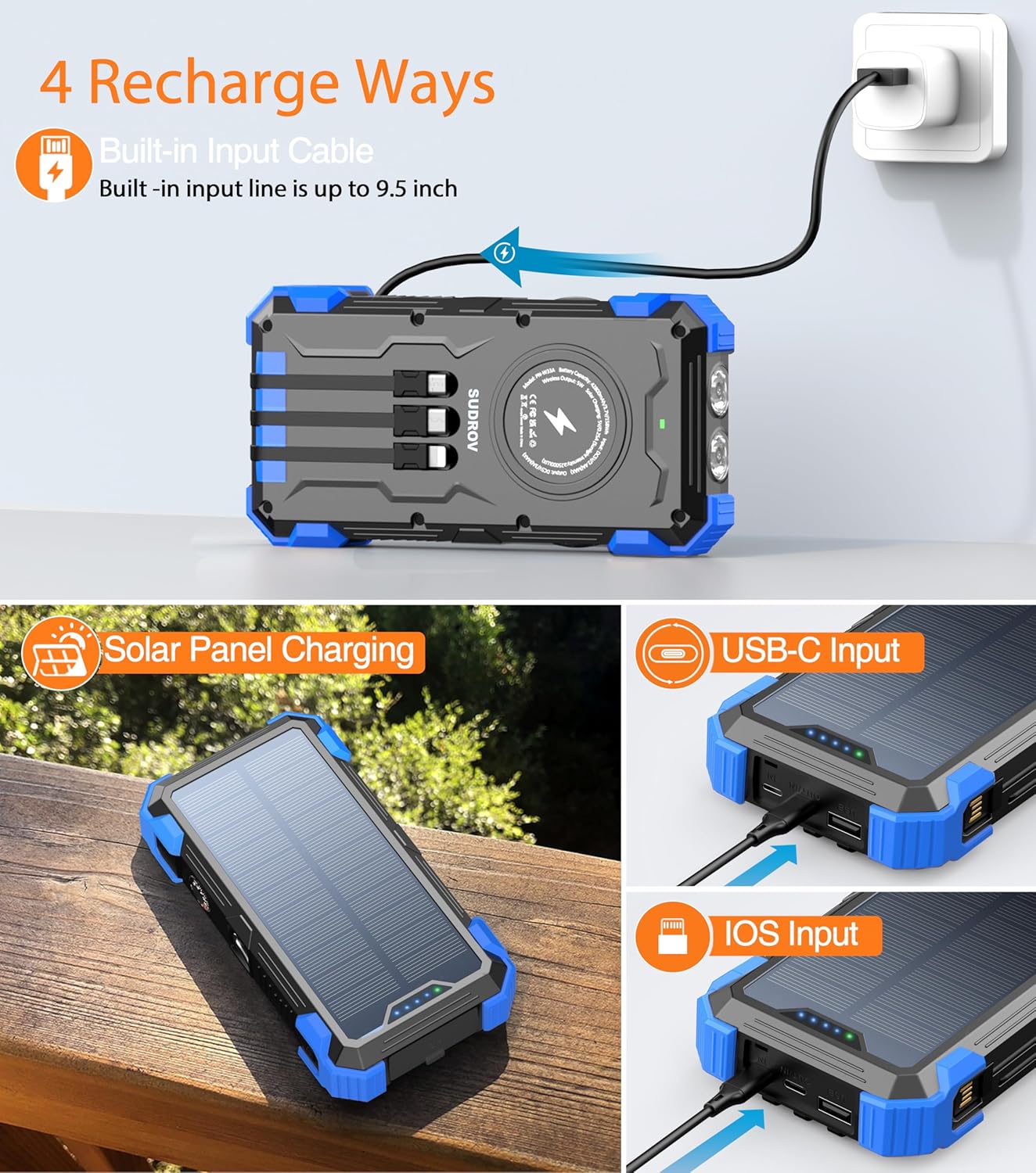 Solar Charger Power Bank, 42800mAh Wireless Portable Charger with USB-C in/Output, QC3.0 Fast Charging 15W 4 Ports Outdoor Battery Pack Built-in LED Flashlight, for iPhone, Galaxy, iPad etc
