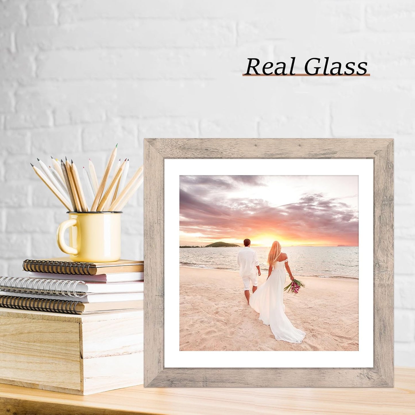 iRahmen 12x12 Picture Frame Set of 4 with Tempered Glass, Smoke Gray Frame Display 10x10 Picture with Mat or 12 x 12 Without Mat, Wood Square Photo Frames for Desktop Display and Wall Mounting