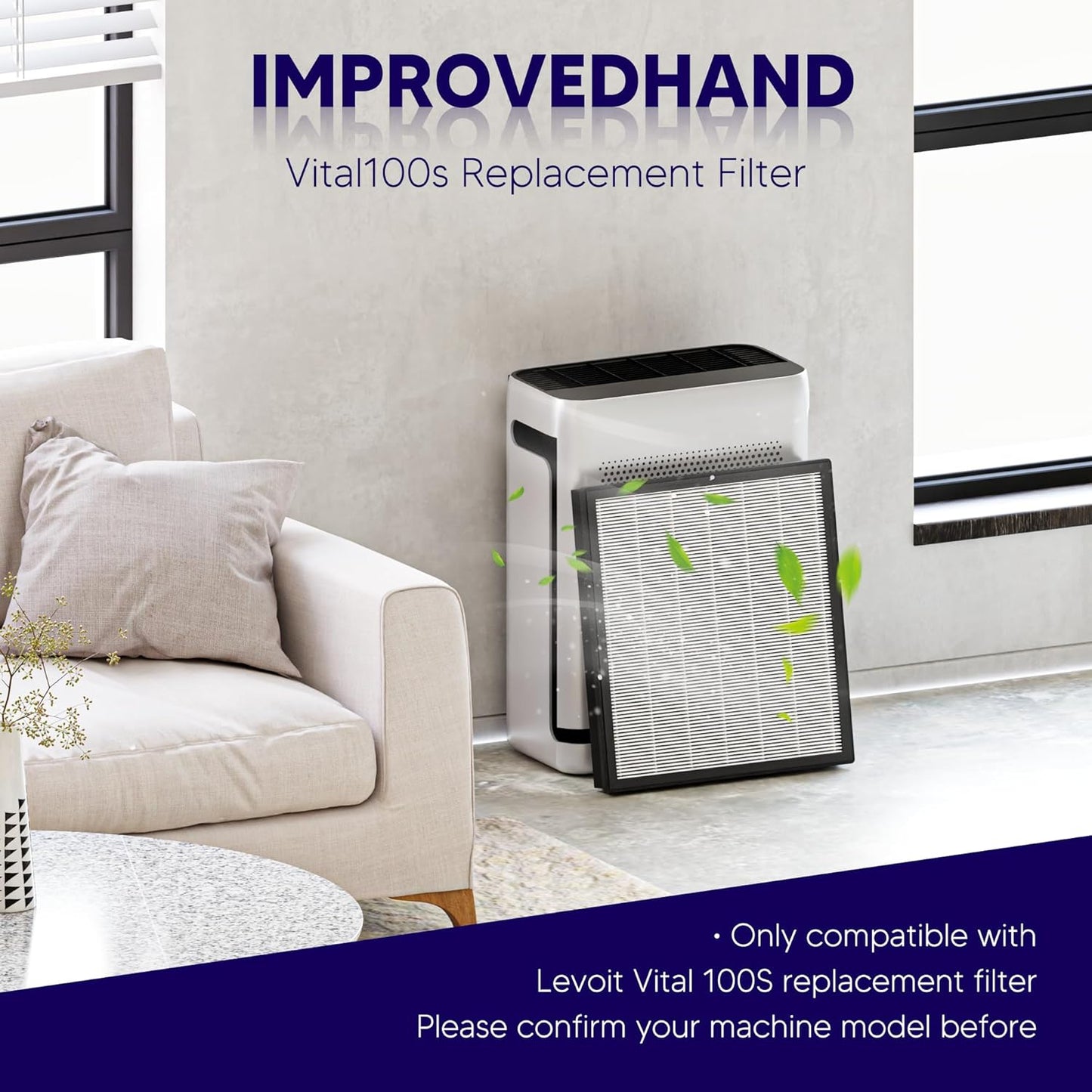 Improvedhand Vital 100S HEPA Replacement Filter Compatible With LEVOIT Vital 100S/100S-P Air Purifier, High-Efficiency 3-IN-1 True HEPA and Activated Carbon Filters, Pack of 3, White