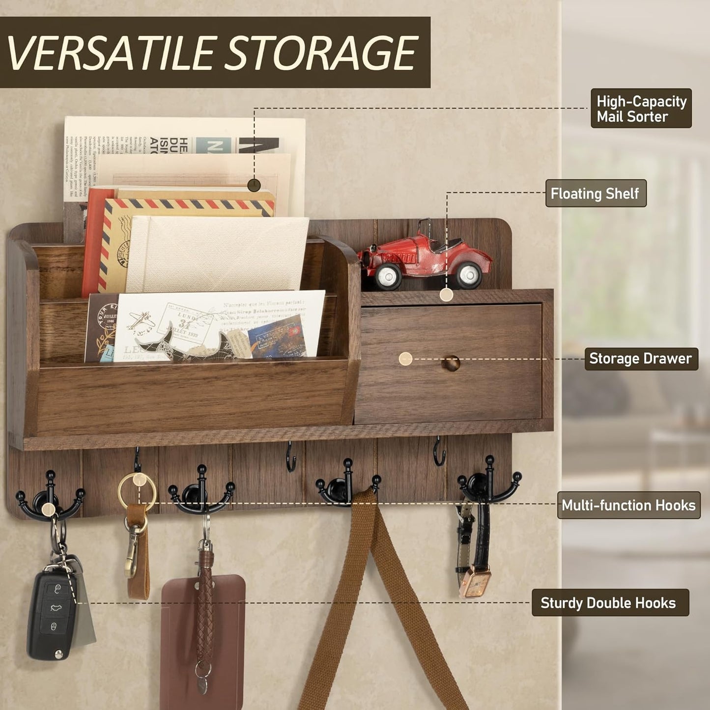 Rebee Vision Key and Mail Holder Wall Mount - Mail Organizer Wall Mount with Storage Hooks and Drawer for Modern Farmhouse Decor - Mail Organizer Wall Mounted for Rustic Apartment Essentials (Brown)