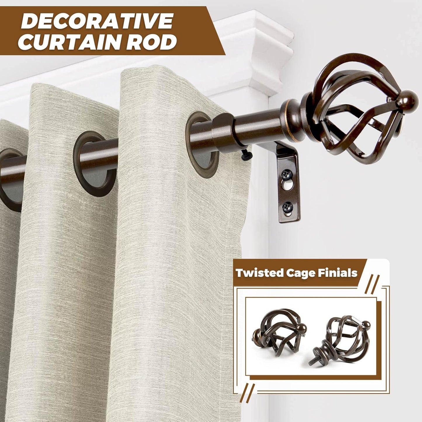 KAMANINA 2 Pack Curtain Rods 32 to 58 Inches (2.6-4.8ft), 3/4 Inch Curtain Rods for Windows Splicing Adjustable Single Drapery Rod with Twisted Cage Finial, for Indoor and Outdoor, Bronze