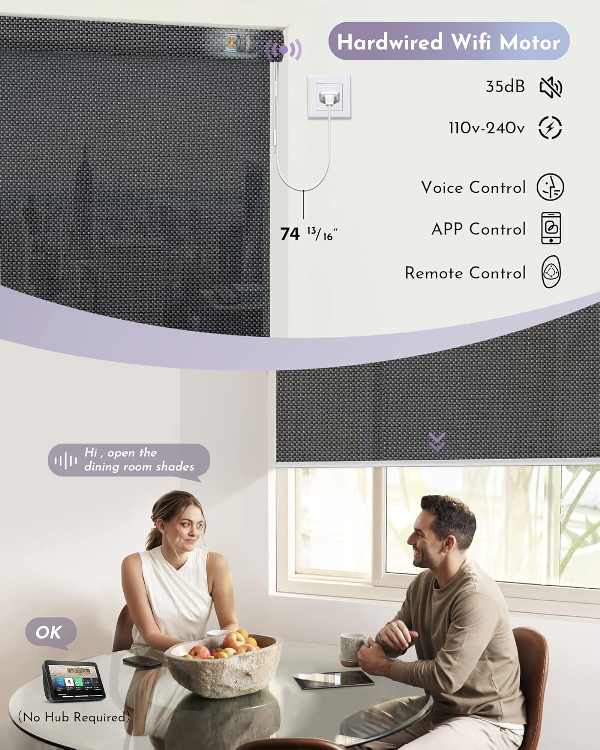 Graywind Motorized Roller Shades Compatible with Alexa Google Hardwired WiFi Smart Light Filtering Blind Remote Automated Blinds Electric Window Shade, Custom Size (3% Openness Solar Black Pearl)