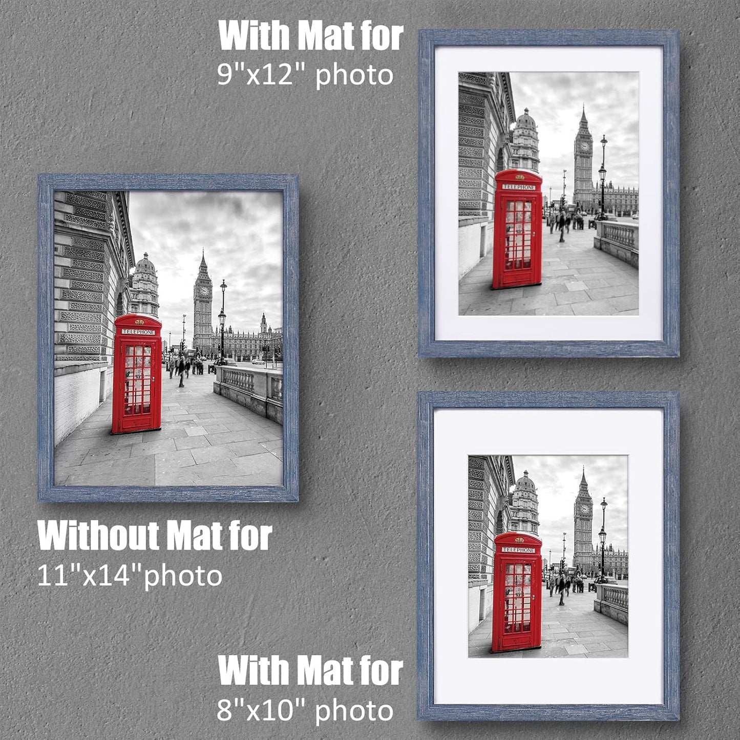 Tiblue 11x14 Picture Frame, Distressed Rustic Blue Solid Wood, 2 Packs with 4 Mats, 8.5”x10.5”/7.5”x9.5” Opening, HD Plexiglass, Wall Mount & Tabletop, Unisex Adult