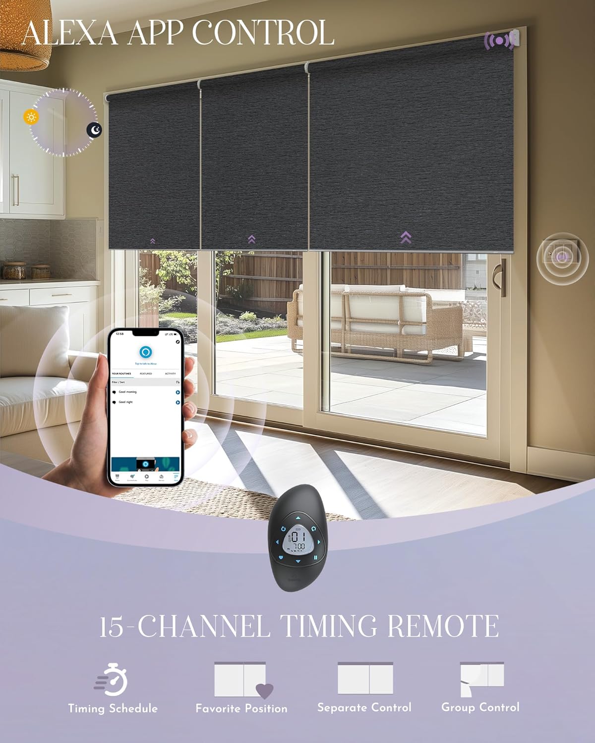 Graywind Smart Coupled Roller Shades Compatible with Alexa Google Custom Size Extra Large Motorized Blinds for Windows(Frequency Nero)