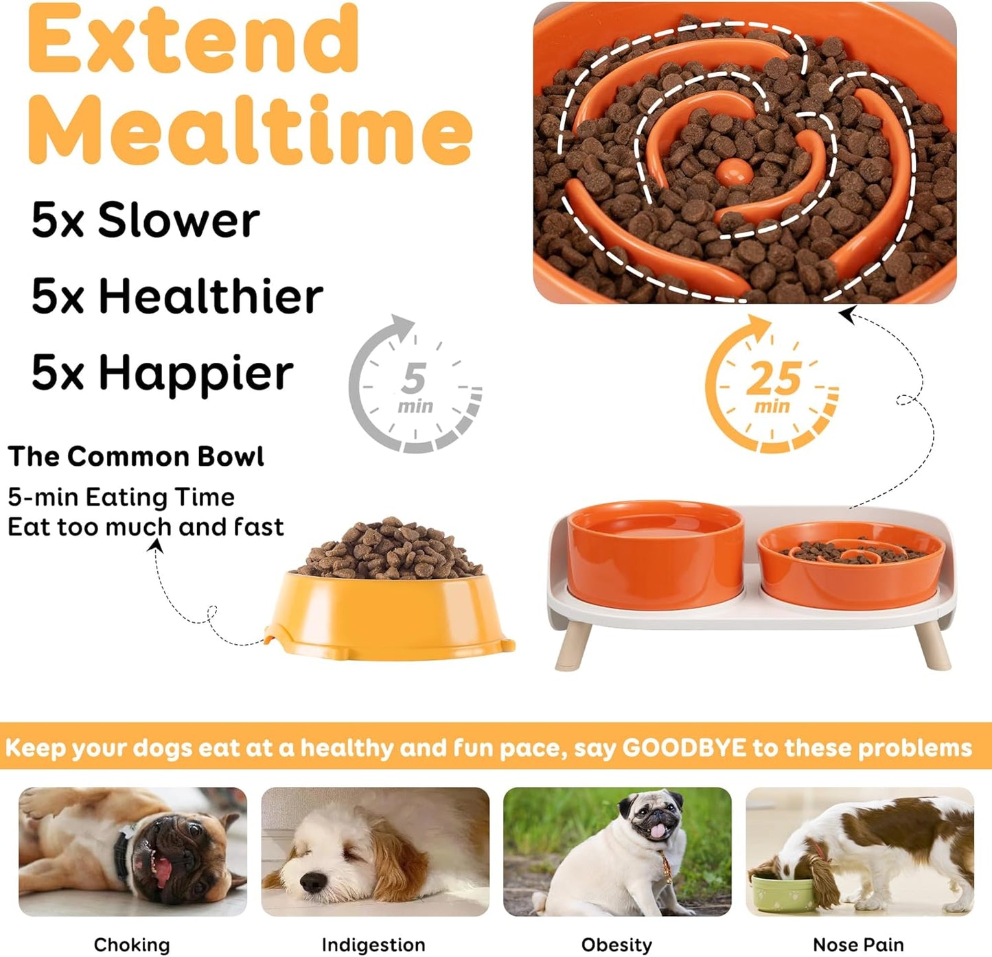 Elevated Slow Feeder Dog Bowls - Ceramic Food and Water Bowl Set with Stand - Raised Pet Dishes for Small and Medium Sized Dogs