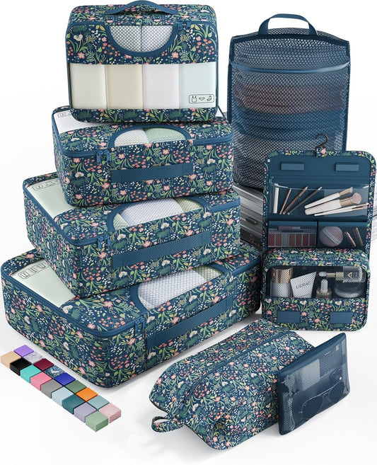 Veken 8 Set Packing Cubes for Travel Essentials, Suitcase Organizer Bags in 4 Sizes, Carry-On Luggage Accessories with Large Laundry & Hanging Toiletry Bag, Must-Have for Airplane, Road Trip & Camping