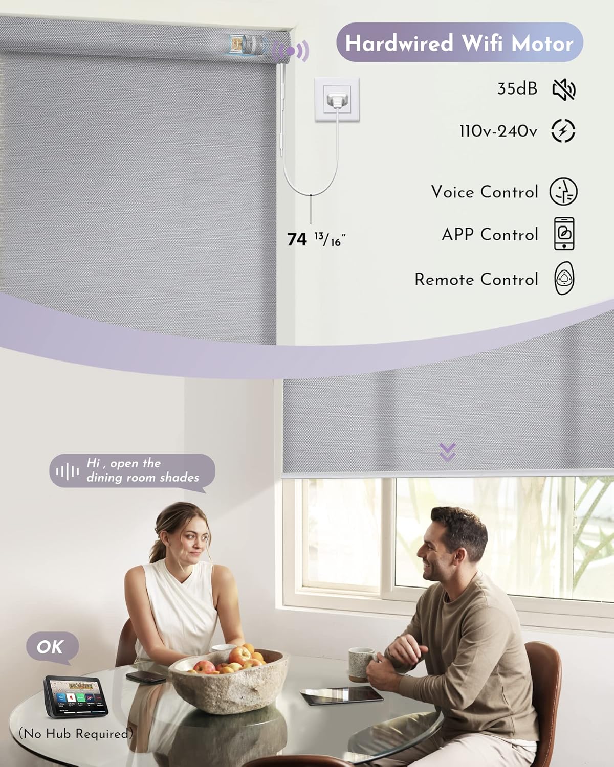 Graywind Motorized Silky Light Filtering Shades Compatible with Alexa Google Hardwired WiFi Smart Half Shading Remote Control Automated Blinds Electric Window Shades, Custom Size (Silky Silver Grey)