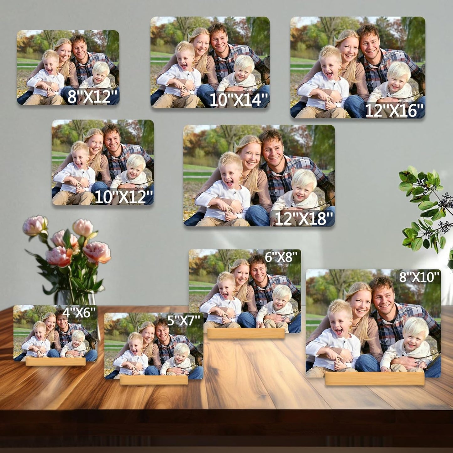 Custom Photo Prints - Metal Desktop Picture Frame with Photos & Wooden Base Personalized Gifts for Family Friends Lovers and Pets, Optional Multiple Sizes