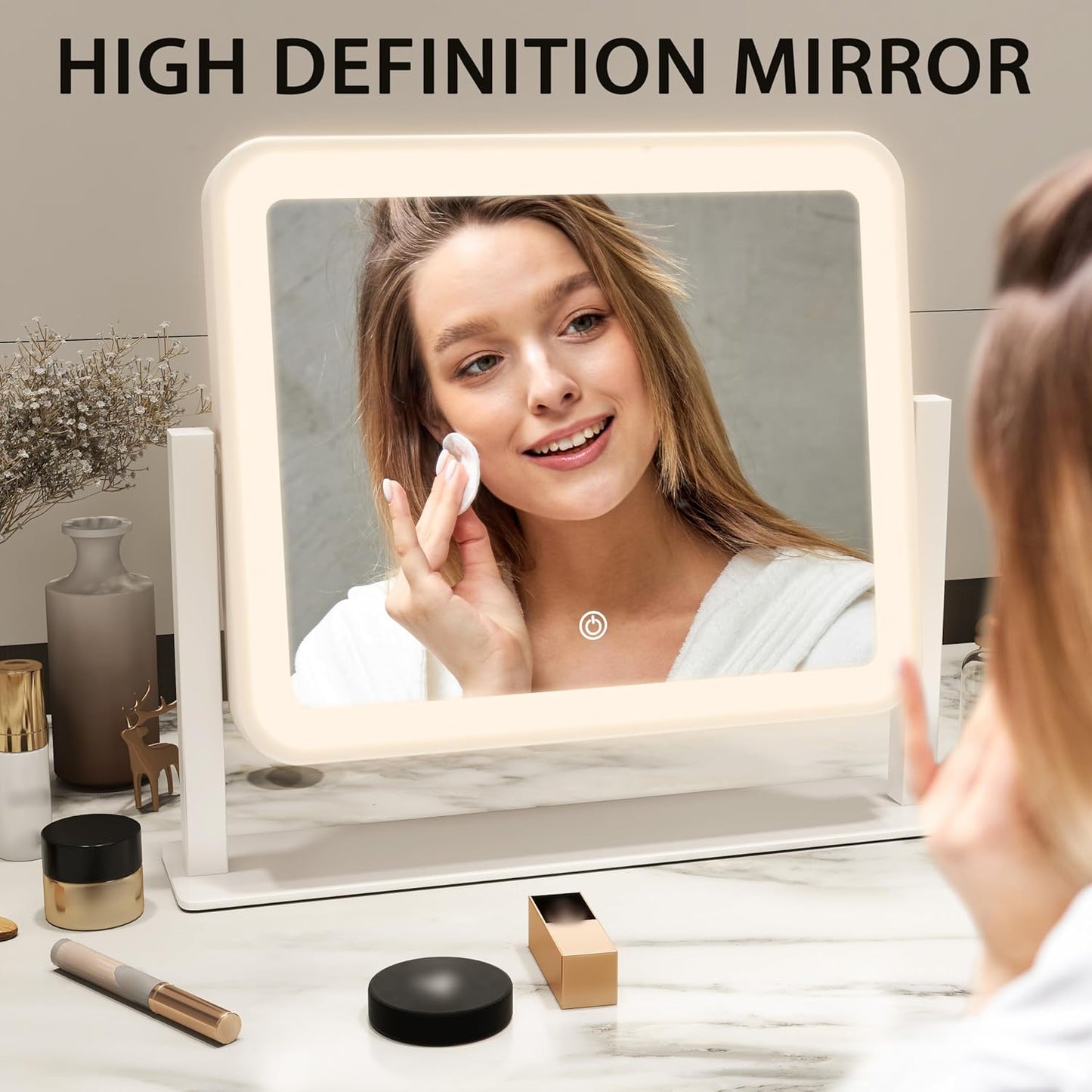 ROLOVE 14"x12"Vanity Mirror, Lighted Makeup Mirror for Vanity Desk, Smart Touch Control, 360° Rotation, 3-Color Modes, Gifts for Women, Bedroom, White