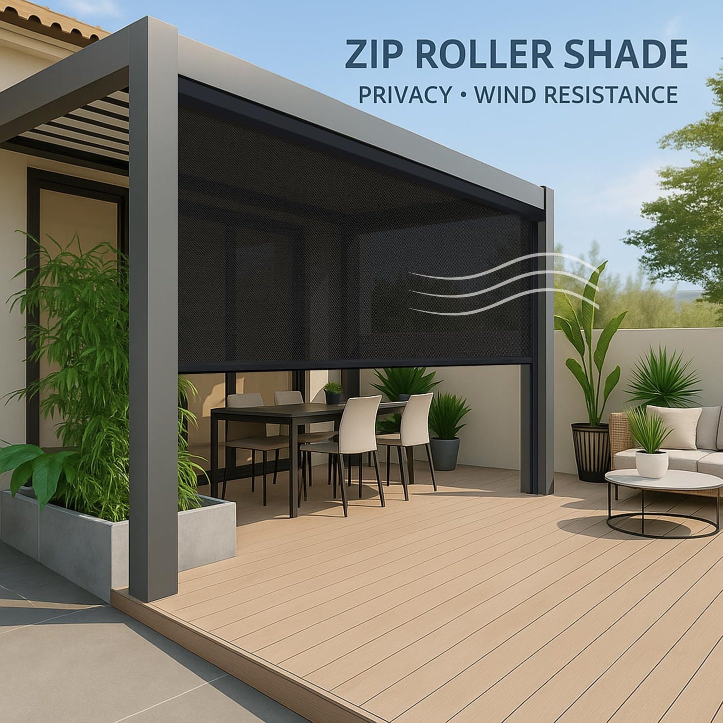 ZSHINE Hard-Wired Outdoor Snow Blocking Weatherproof Motorized Patio Roller Shades Remote Control for Porch Balcony Customized Size (Black 10% Openness)