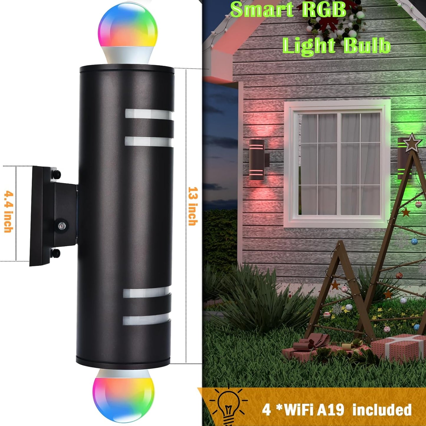 Smart Outdoor Wall Lights Color Changing 2 Pack, RGB+2700K-6500K Modern Exterior Lighting Fixtures Cylinder Outside Wall Sconce with Glass, WiFi APP Control Up Down Outdoor Porch Lights